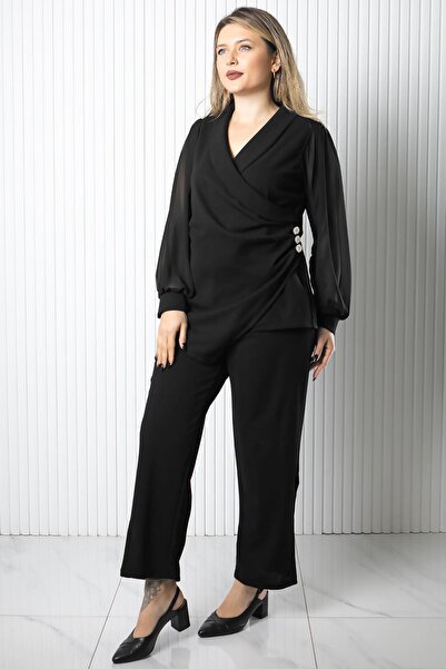 SUBU TASARIM Σετ μανίκια σιφόν με λεπτομέρεια με κουμπιά Μαύρο TBS976