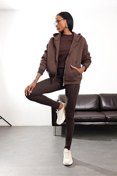 5in1Canpolat Bitter Brown Zippered Leggings 2637