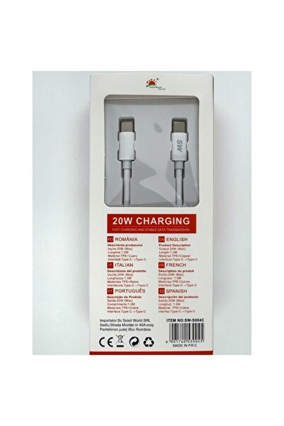 Soleil World Cablu de date cu încărcare rapidă USB Type-C la Type-C, 20W PD, 3.1A, 1m, alb