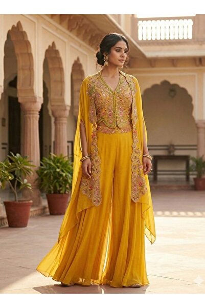 HashtagBe Yellow Embroidered Cape Palazzo Set