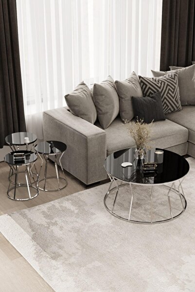 MYDECO Kum Saati Orta Sehpa & Zigon Sehpa Set Gümüş Kaplama Siyah Ayna