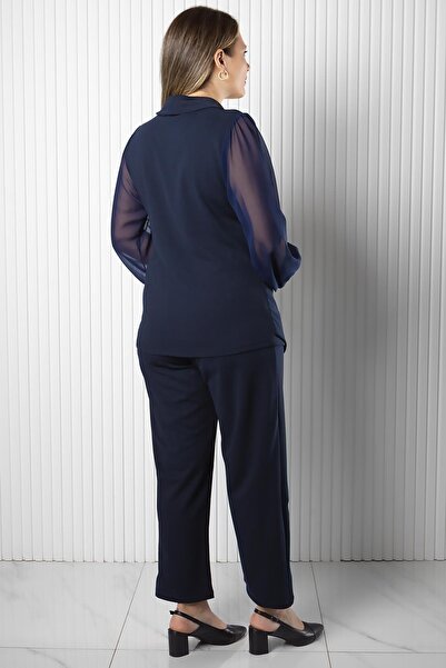 SUBU TASARIM Σετ μανίκια από σιφόν με λεπτομέρεια με κουμπιά Navy Blue TBS976