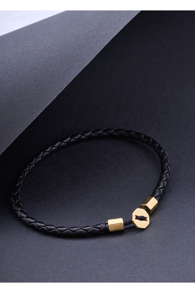Atolyewolf Altın Kaplama Siyah Deri Bileklik
