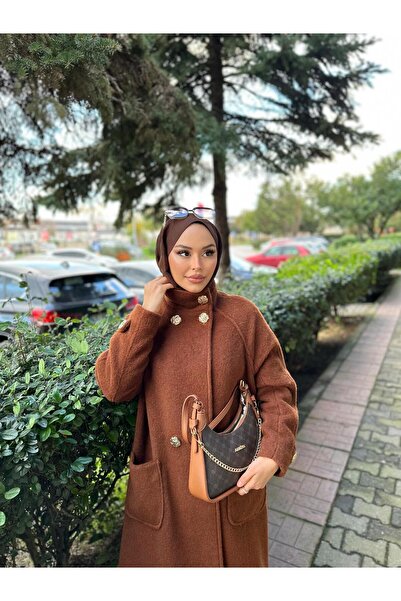 Minel Women's Tan Long Buttoned Coat 01
