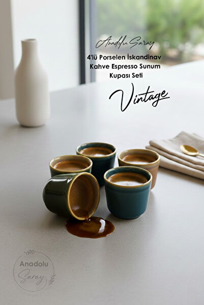 Anadolu Saray 4-Piece Porcelain Nordic Glazed Coffee Espresso Presentation Cup Set Vintage Style