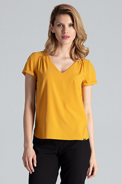 Figl Women's simple blouse with V-neck, mustard color, M665, size M