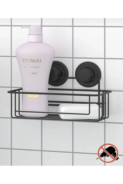 Evistro Vakumlu Banyo Duvar Rafı Şampuanlık Vantuzlu Siyah