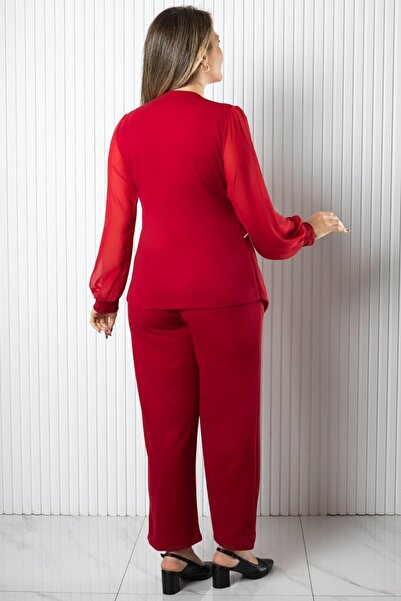 SUBU TASARIM διπλό πέτο Σετ μπλούζα και παντελόνι κόκκινο TBS964