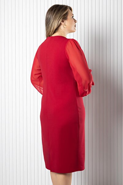 SUBU TASARIM Square Neck Elegant Dress Red Tbs982