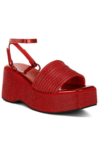 london Rag Women Rhinestone Embellished Lace-Up Sandals in Red