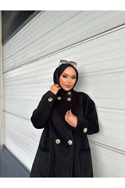 Minel Women's Black Long Buttoned Coat 01