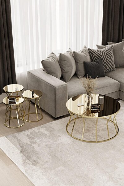 MYDECO Kum Saati Orta Sehpa & Zigon Sehpa Set Gold Kaplama Bronz Ayna