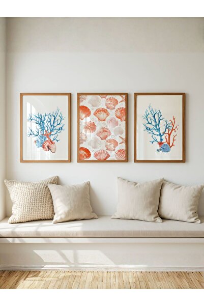 fuart.co Mercan ve Mavi Denizaltı Üçlü Deniz Poster, Modern Poster, Duvar Pos...