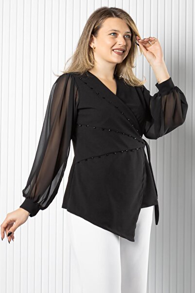 SUBU TASARIM Chiffon Sleeve Tie Detail Blouse Black Tbs986