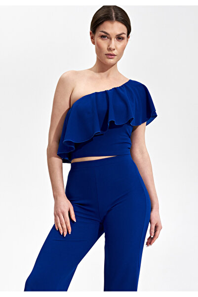 Figl Bluză de damă cu volane - bluză cu un singur umăr safir M875 mărimea S/M