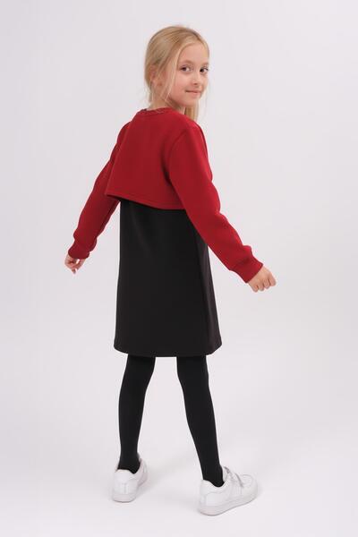 Perendi Girl's Teddy Bear Embroidered Dress and Crop Sweatshirt – Burgundy