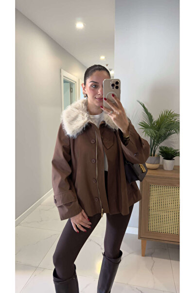 BİRCANÇİL Joosa Kahve Kürk Yaka Detaylı Trençkot