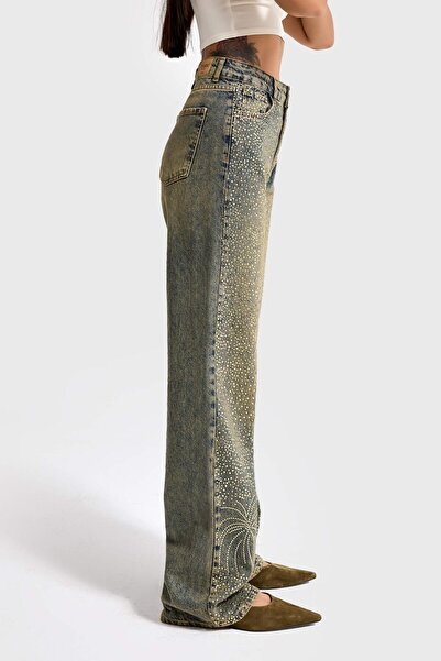 its basic Blugi pentru femei T.Kot Culoare T-4w5-11 straight fit talie înaltă Blugi din denim cu design special cu piatră strălucitoare