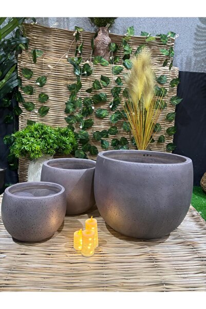 Ekodoğa 3'Lü Yuvarlak Gri Benekli Hafif Beton Saksı Seti