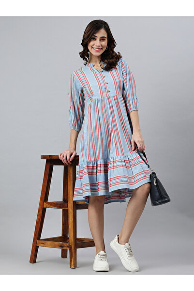IndHeritage Premium pure cotton light blue & red striped dress - Indo Western...