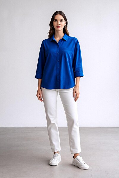 Nuevo Saks Mavi Viskon Cepli Kadın Gömlek - Basic -