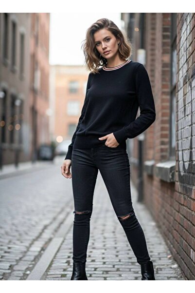 YusGos Women's Crew Neck Steel Mesh Neckline Striped High Quality Knitwear Sweater