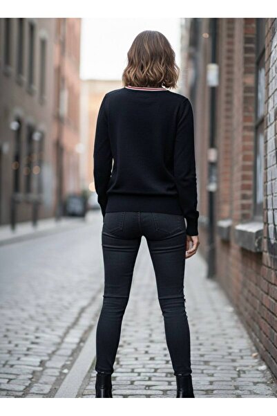 YusGos Women's Crew Neck Steel Mesh Neckline Striped High Quality Knitwear Sweater