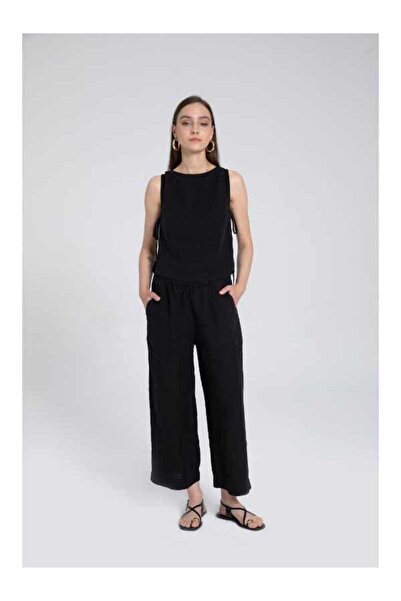İpekçi Otantik Palazzo Linen Women's Trousers Black
