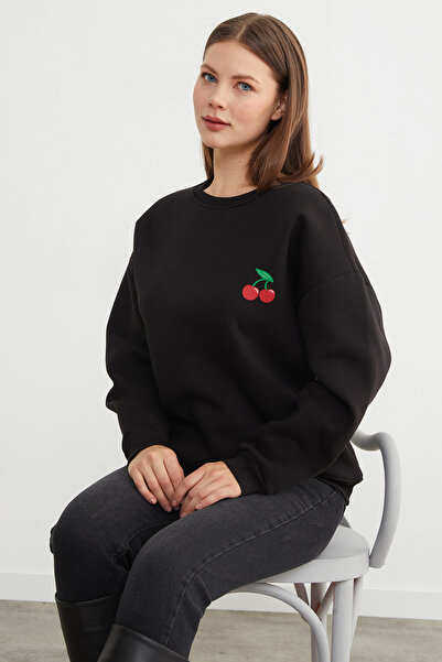 Fulla Moda 3 Yarn Cherry B Printed O Oversized Sweatshirt