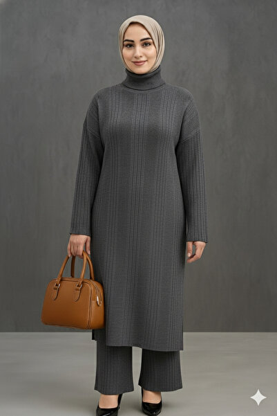 Sonbaharmoda Women's Two-Piece Knitwear Set | High-Necked Long Tunic & Pants Set | High Quality