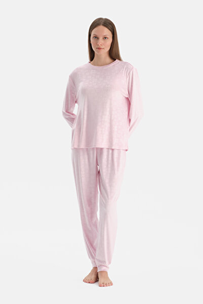 Dagi Light Pink Seersucker Snow Printed T-Shirt Pants Pajama Set