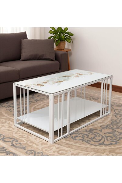 Alcoach Modern Coffee Table, 2-Tier, 110×55×55 cm, White Stainless Steel
