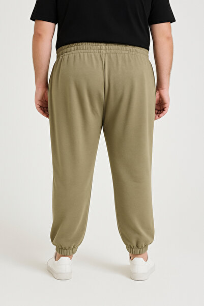 metsawear Khaki Color Large Size Elastic Leg Bottom Sweatpants 2 Thread Ş Fleece-Lined Cotton