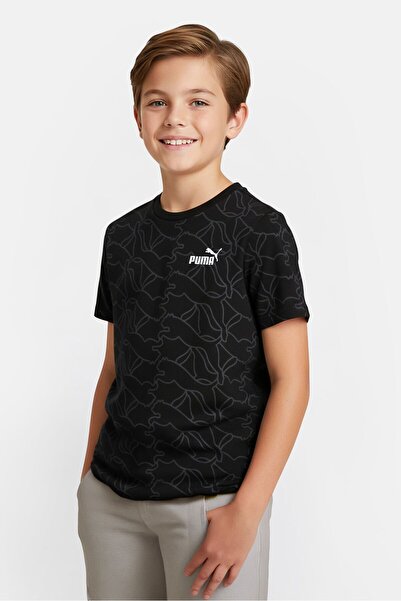 Puma تي شيرت خارجي بشعار العلامة التجارية للأطفال الأولاد، برقبة دائرية، أسود