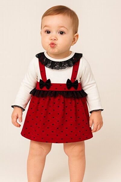 Chicsy Baby Kız Bebek Kalp Desenli Dantelli Fiyonklu Askılı Elbise Takım