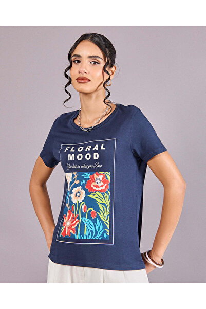 REDTAG Women Navy Printed T-Shirt