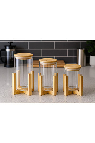 İnterlife Set of 3 Glass Jars with Bamboo Lids Long Special Bamboo Base Airtight Jars Premium Kitchen