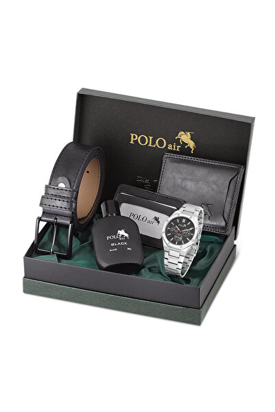 Polo Air Erkek Kol Saati Kemer Cüzdan Kartlık Parfüm Hediyelik Kutusunda Gümü...