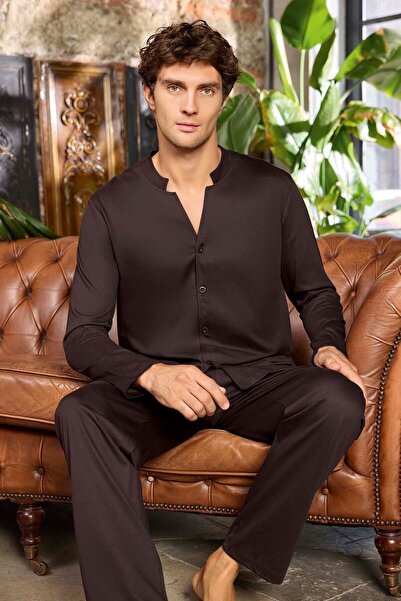 Aydoğan Men's Suprem Long Sleeve Pajama Set 250518 Bitter Brown