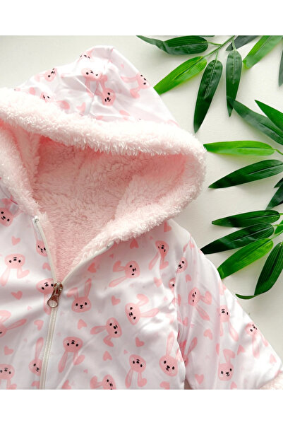 hümabebe Pink Rabbits Printed Winter Welsoft Jumpsuit with Zipper at All Sides and Fur Inside