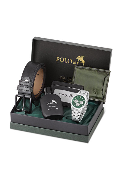 Polo Air Erkek Kol Saati Kemer Cüzdan Kartlık Parfüm Hediyelik Kutusunda Gümü...