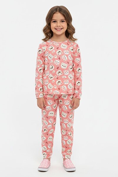 NEWKİDS Teddy Bear and Cat Patterned Cotton Transitional Girl's Pajamas Set