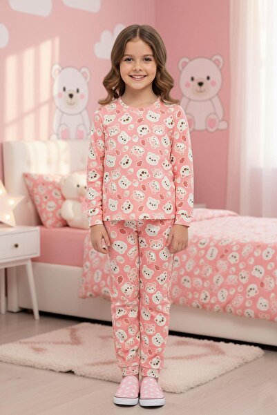 NEWKİDS Teddy Bear and Cat Patterned Cotton Transitional Girl's Pajamas Set