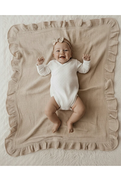 OEM Double-layer muslin blanket with ruffle, beige