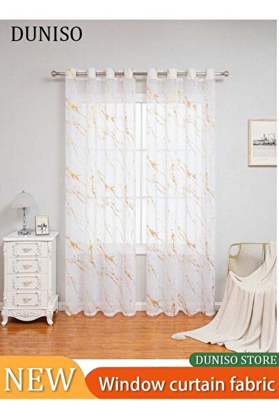 DOMEET Marble White Sheer Curtains, Gold Foil Print Metallic Bronzing, Privacy Window Treatment Decor Abstr