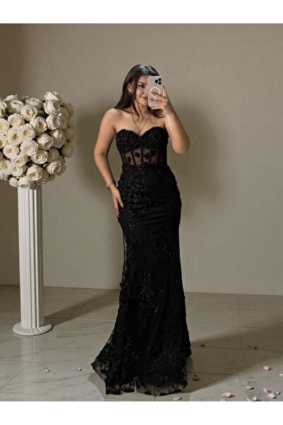 OLA Flora Üç Boyutlu Çiçek İşlemeli Balık Kesim Siyah Abiye Elbise