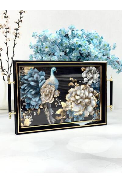 Kosova Dikdörtgen Lüx Tepsi Mavili Tavus Kuşlu 45/31 cm TKEBT TEK RENK