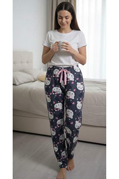 Melff Women's Cotton Suede Fabric Ribbon Waist Detailed Pocketless Women's Pajama Bottoms