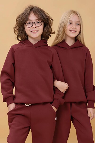 Perendi Reglan Sleeve Hooded Unisex Children's Suit with Fleece Inside Burgundy