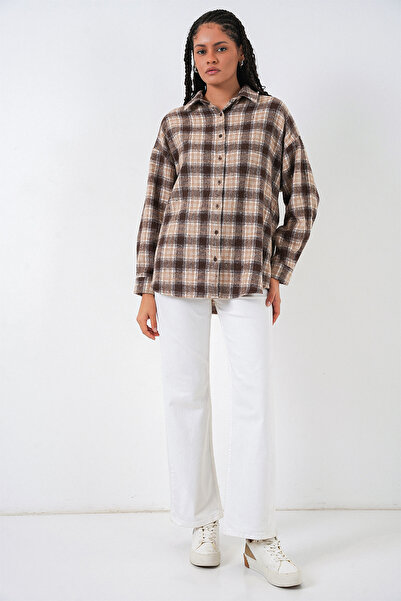 Bigdart Γυναικείο πουκάμισο με καρό σχέδιο oversized Ξυλοκόπος 3854 - Ε. Καφέ